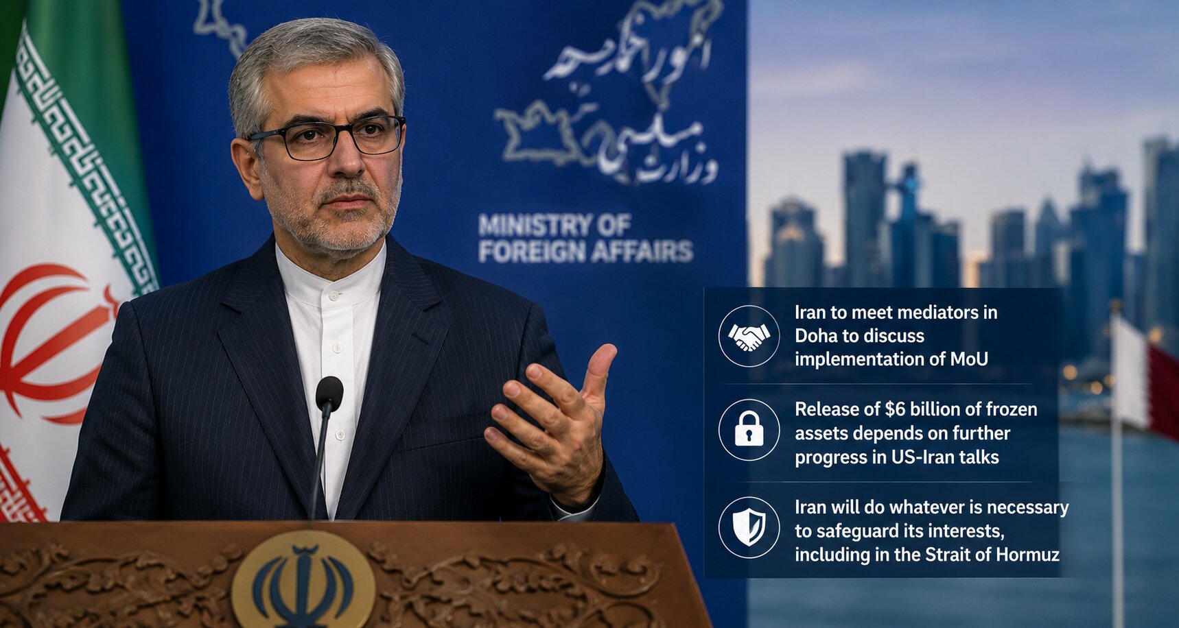 Iranian Foreign Ministry spokesman Esmail Baqai addresses the media on US-Iran peace deal implementation and frozen assets.